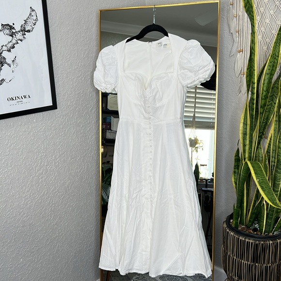 House Of CB ‘Ellery’ White Linen Blend Puff Sleeve Midi Sundress NWOT - Picture 5 of 7